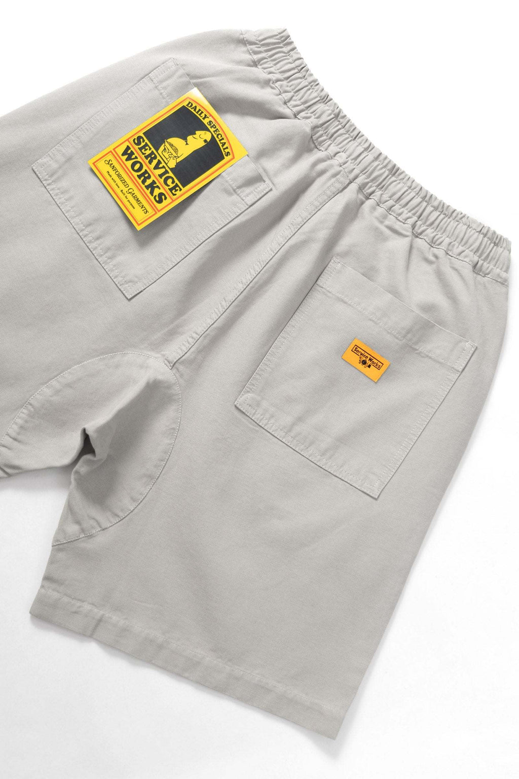 Service Works Classic Chef Shorts in stone color with elasticated waist and fatigue pockets in organic cotton canvas