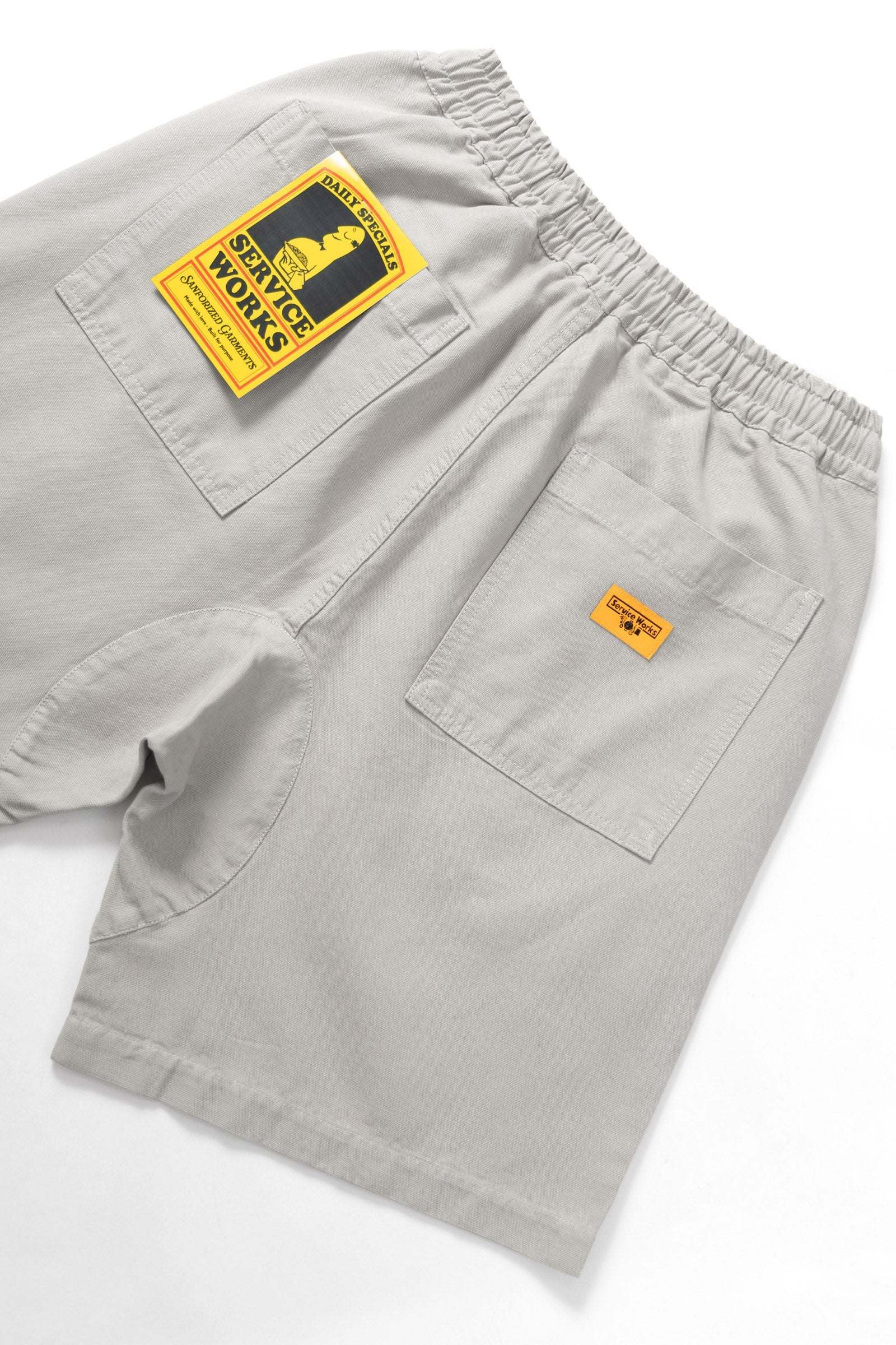 Service Works Classic Chef Shorts in stone color with elasticated waist and fatigue pockets in organic cotton canvas