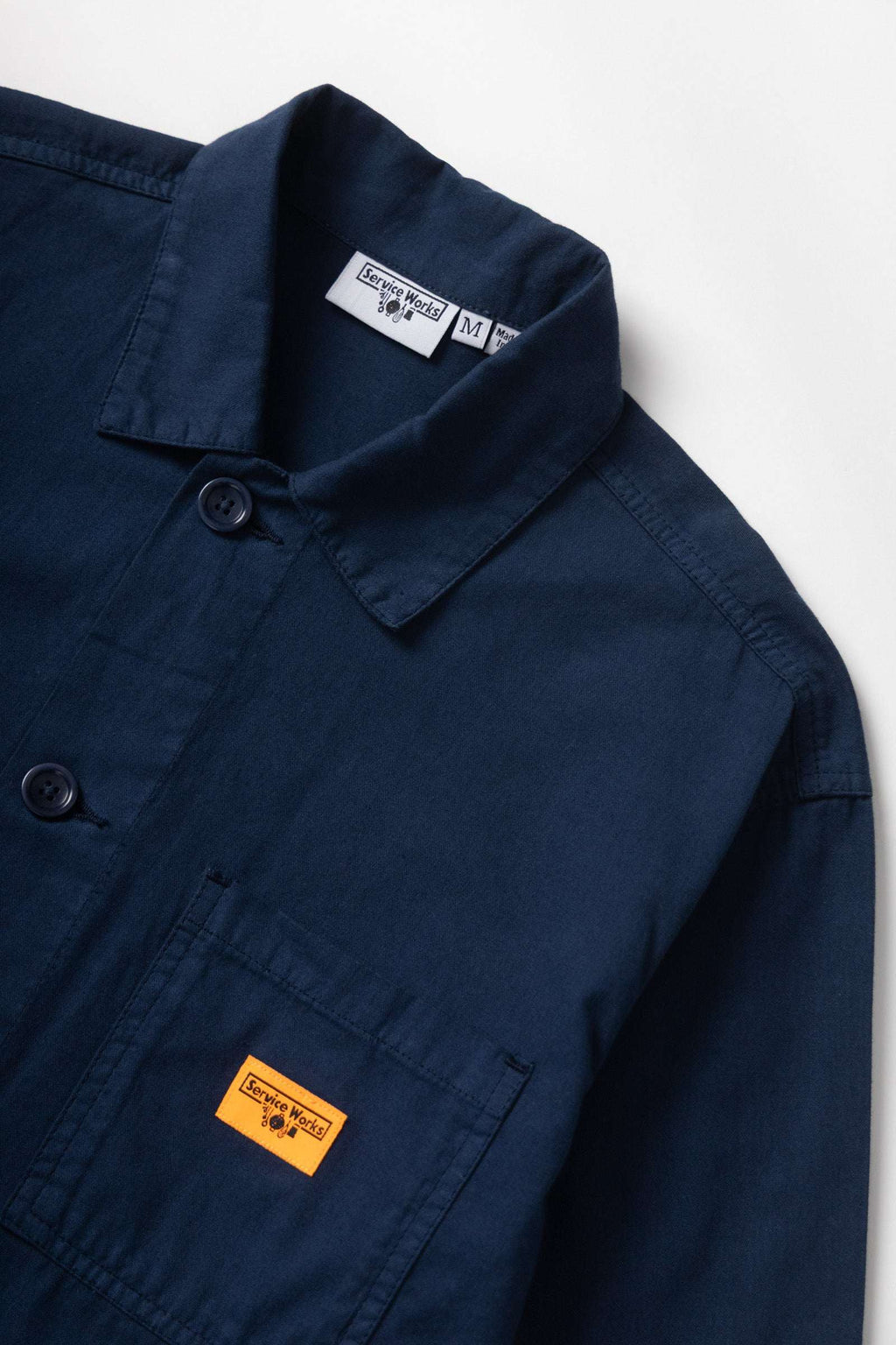 Service Works Canvas Chore Shirt in dark navy organic cotton with patch pockets and button front closure