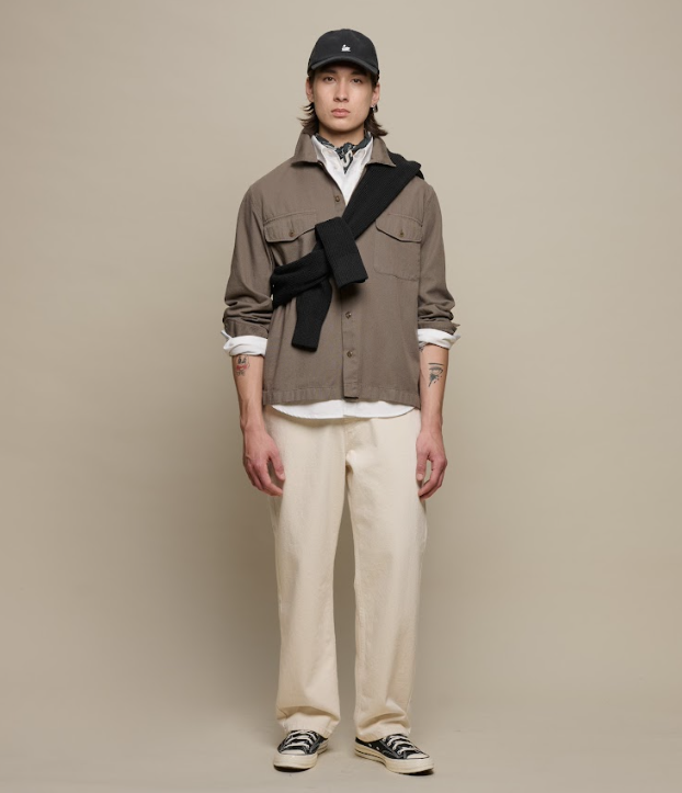 Merz b. Schwanen Worker's Cotton Twill Long Sleeve Shirt in Grain