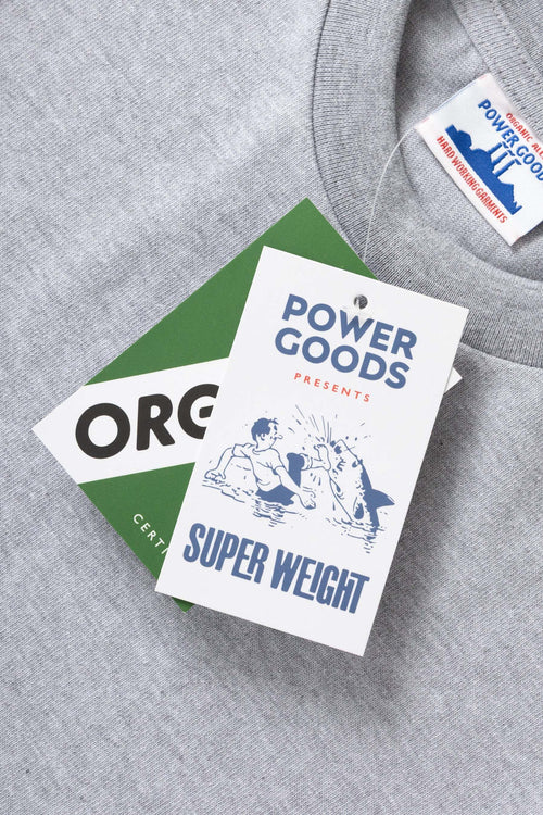 Power Goods Super Weight Tee in Heather Grey 350gsm organic cotton with heavy-duty neckline