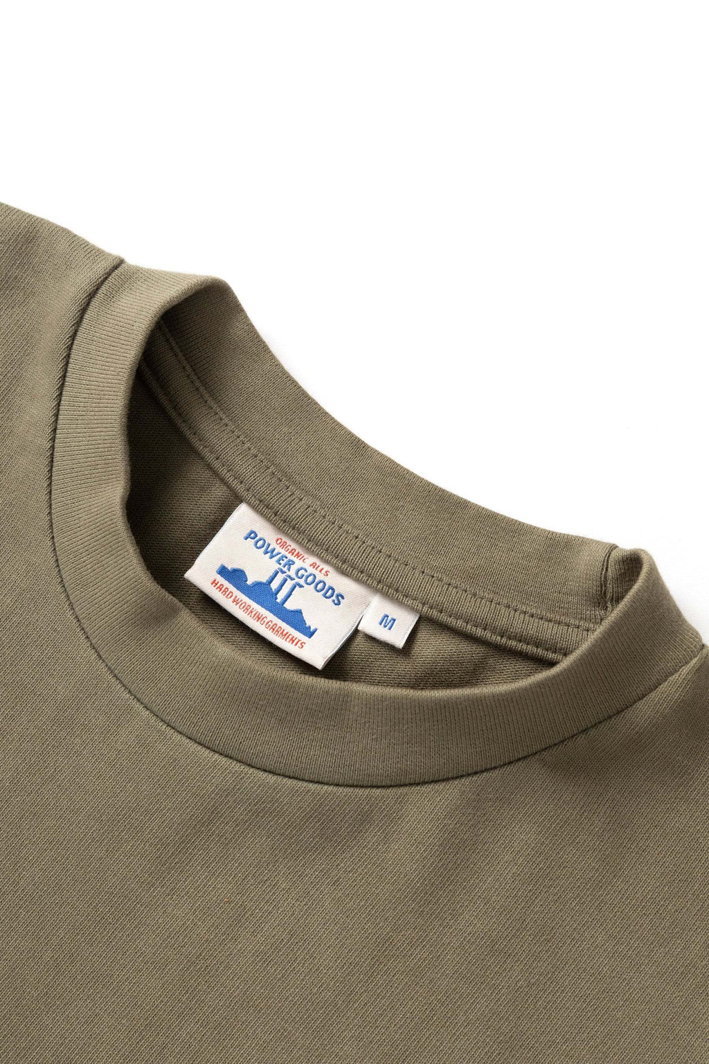 Power Goods Super Weight Tee in olive organic cotton with heavy-duty stay-round neckline