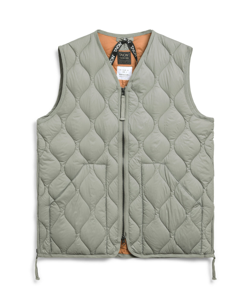 TAION Soft Shell Military Zip V-Neck Down Vest in Dark Sage Green
