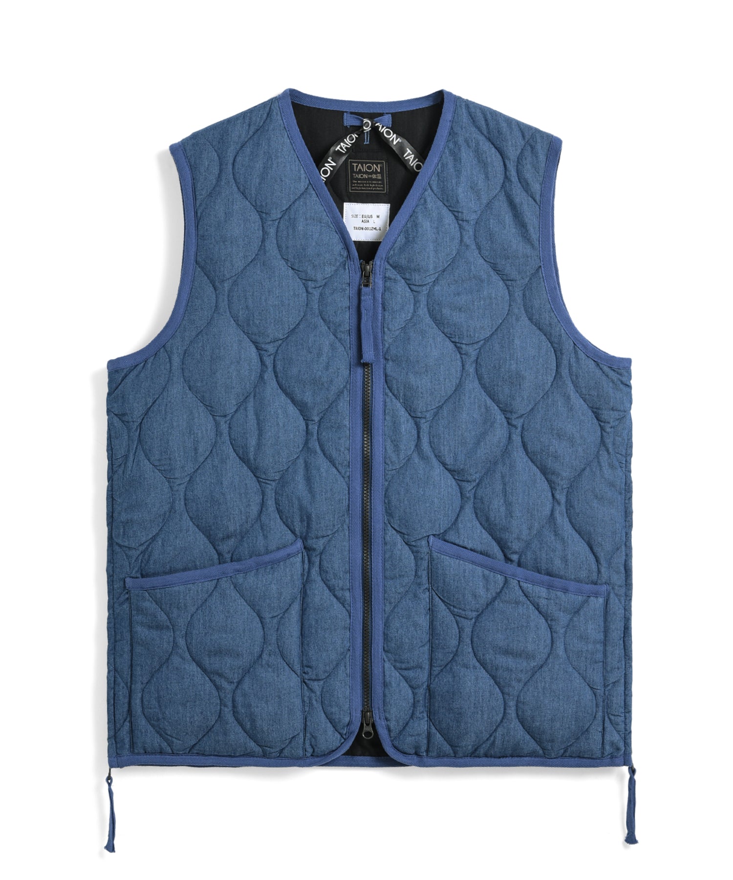 TAION Military Zip V-Neck Down Vest in Indigo Denim | The Rake