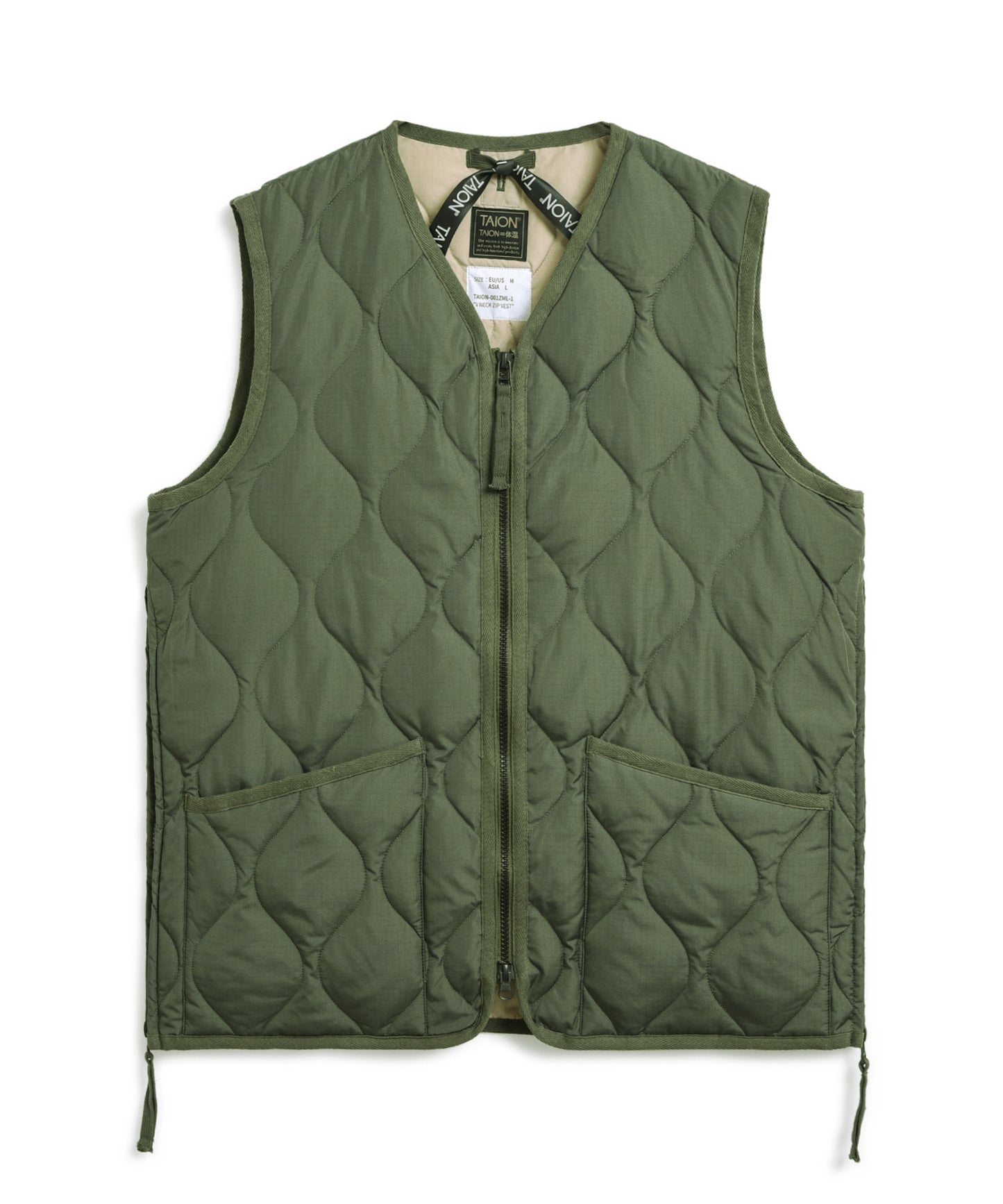 TAION Military Zip V Neck Down Vest in Olive