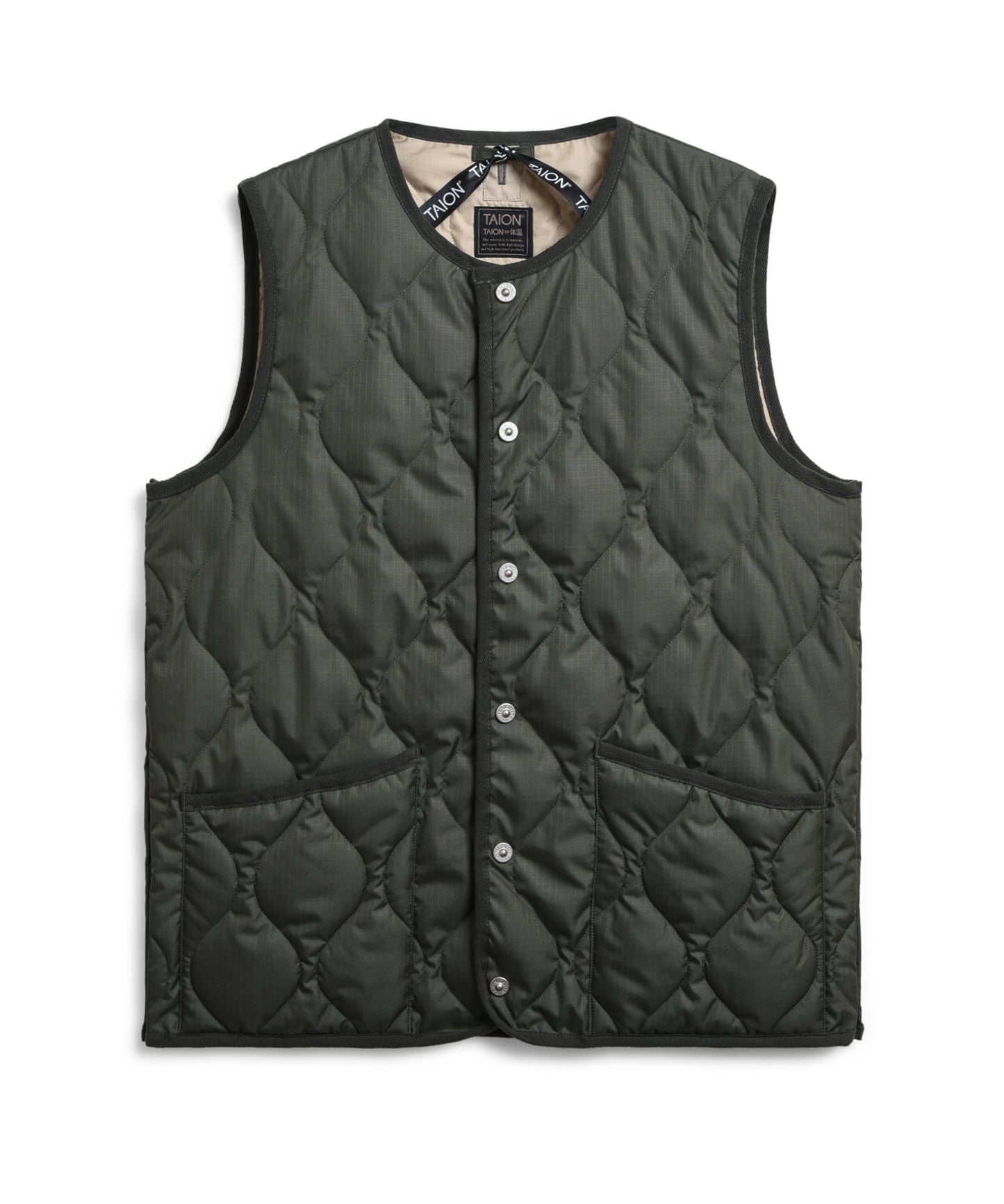 TAION Military Crew Neck Down Vest in Dark Olive