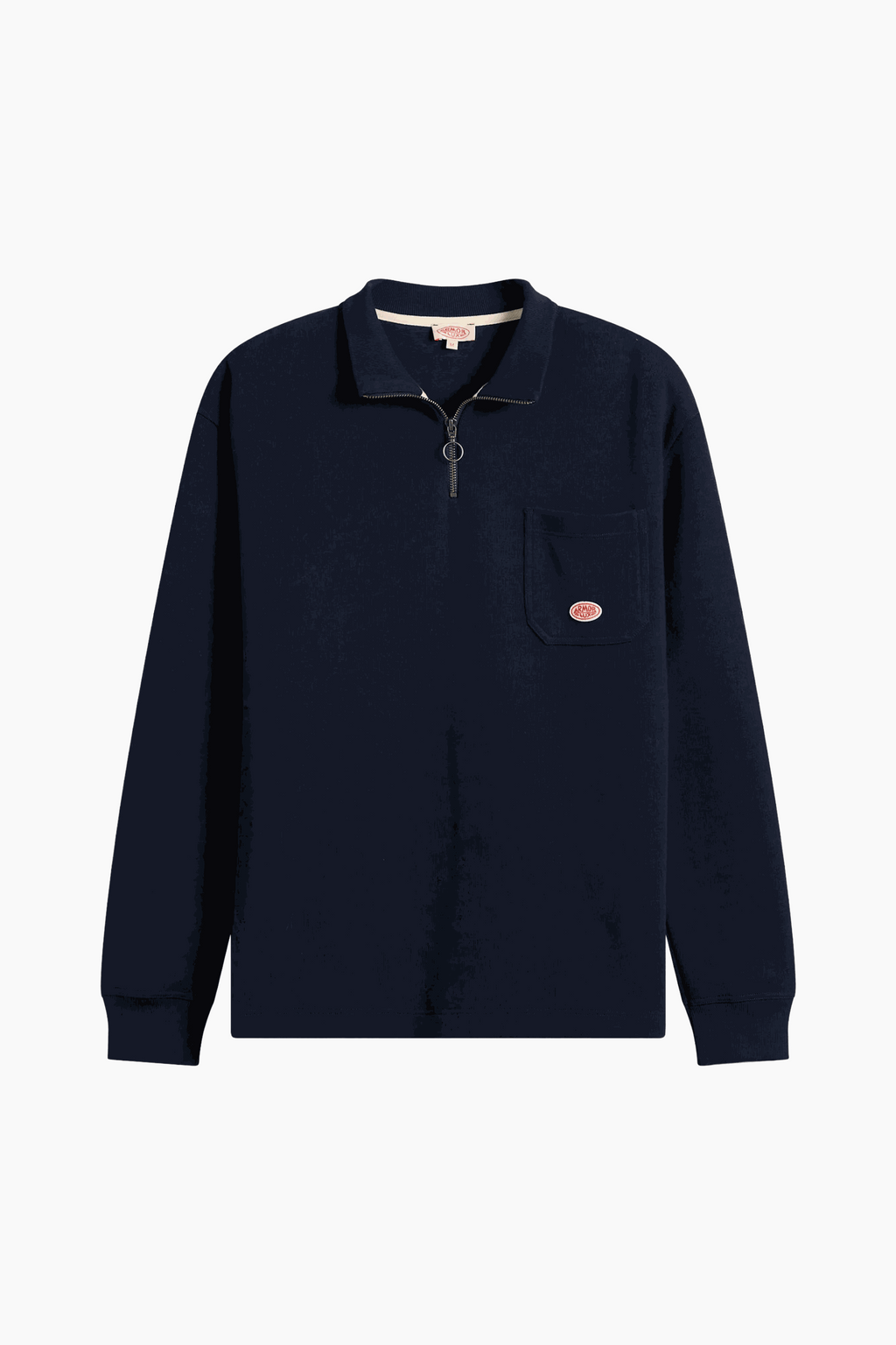 Armor Lux Heritage Cotton Quarter Zip navy sweatshirt with high zip collar and chest pocket badge