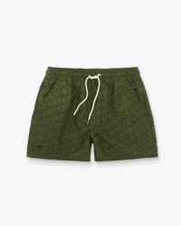 OAS Green Squiggle Swim Shorts in deep forest green with four pockets and quick-drying lightweight fabric