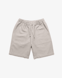 Service Works Classic Chef Shorts in stone color with elasticated waist and fatigue pockets made from organic cotton canvas