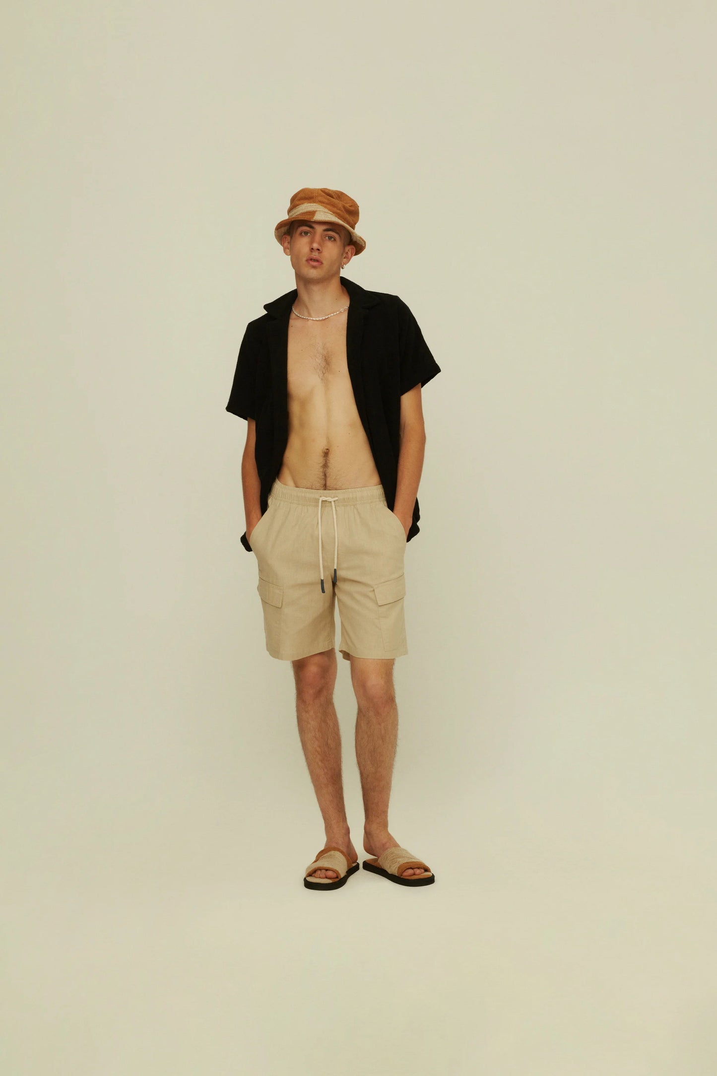 OAS Beige Cotton Linen Cargo Shorts