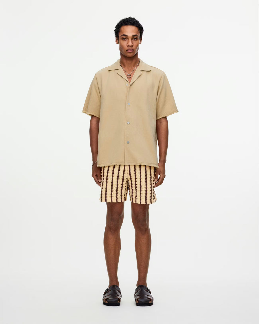OAS Latte Bodega cotton linen canvas shirt with relaxed fit and resort collar in muted latte tone