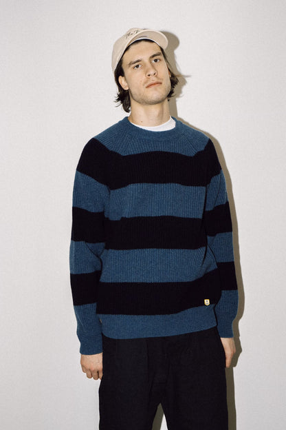 Armor Lux Pure Wool Stripe Crew in Navy & Dark Storm