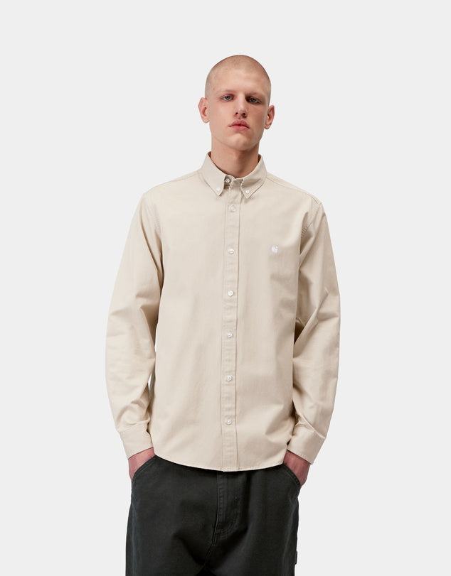 Carhartt WIP Long Sleeve Madison Shirt Stone White with embroidered logo and curved hem