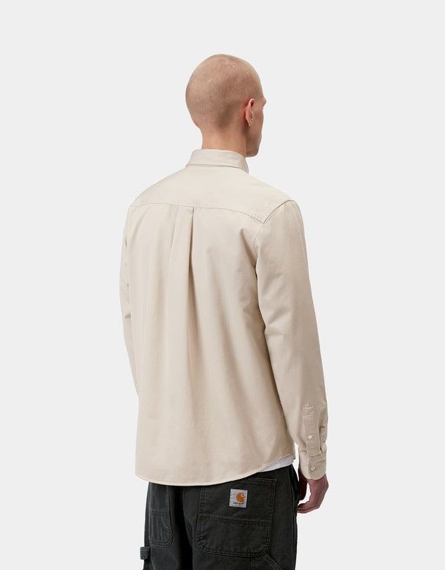 Carhartt WIP Long Sleeve Madison Shirt in Stone/White with embroidered chest logo and curved hem