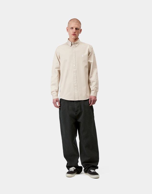 Carhartt WIP Long Sleeve Madison Shirt in Stone White with embroidered logo and curved hem