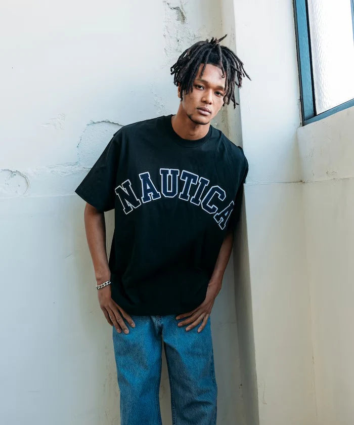 Nautica Japan Arch Logo Piece Dyed Tee in Black