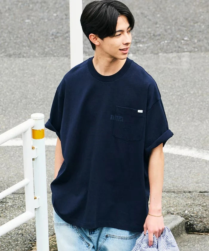 Nautica Japan Hidden Logo Pocket Piece Dyed Tee in Navy