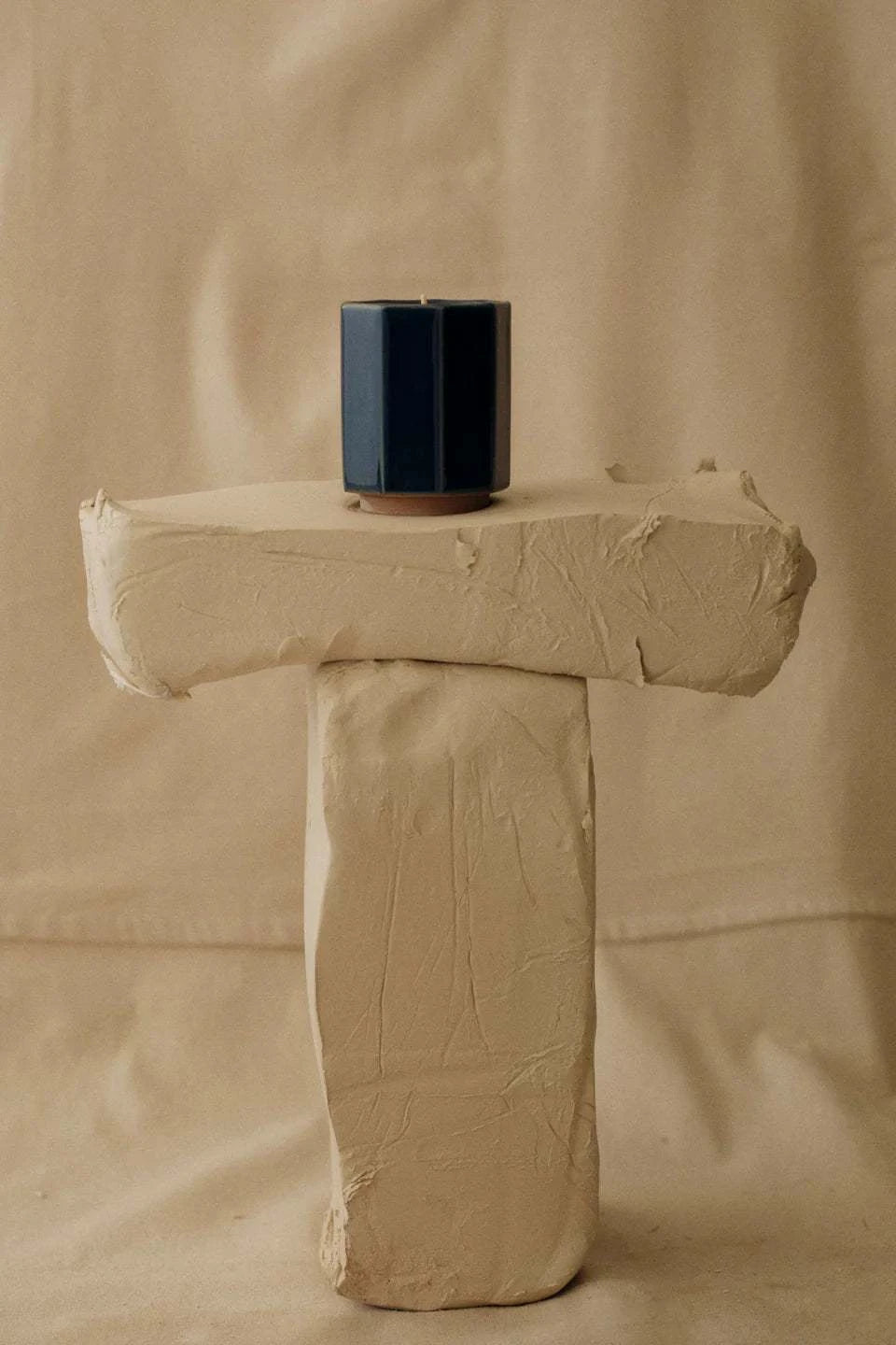 Blue Onji Handmade Japanese ceramic candle with geometric brown glazed vessel and pure soy wax