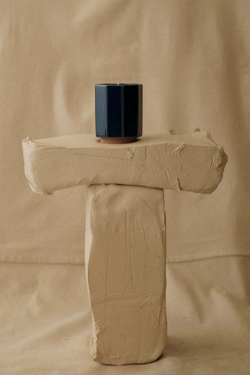 Blue Onji Handmade Japanese ceramic candle with geometric brown glazed vessel and pure soy wax