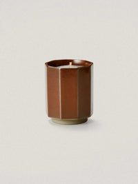Brown Onji Handmade Japanese ceramic candle with earthy glaze and geometric design